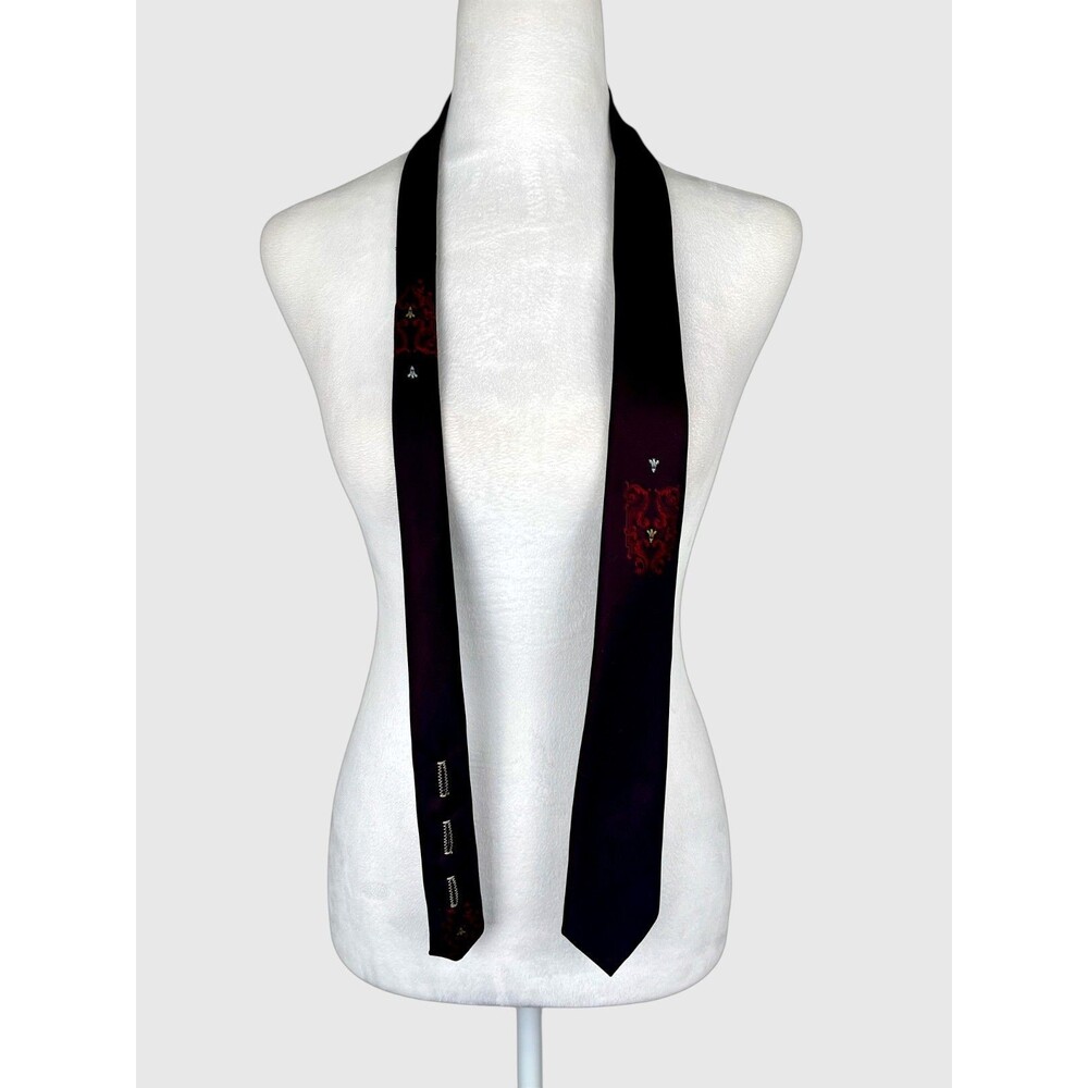 Vintage 60s Prince Consort Button Down Tie Black Skinny Gothic Crest USA